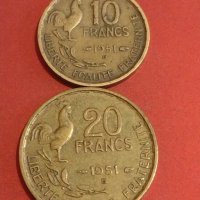 Две монети 10 франка 1951г. / 20 франка 1951г. Франция редки за КОЛЕКЦИОНЕРИ 34832, снимка 1 - Нумизматика и бонистика - 44322758