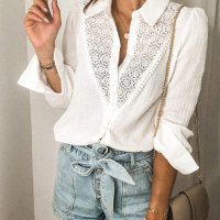 Дамска памучна риза в бяло с дълъг ръкав и флорална бродерия, снимка 1 - Ризи - 44321227