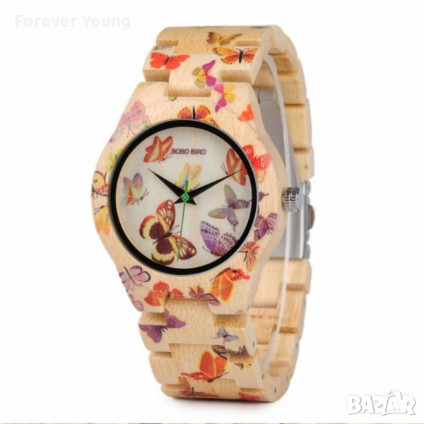 Дамски часовник с каишка от верижно дърво и изрисувани пеперуди, снимка 1