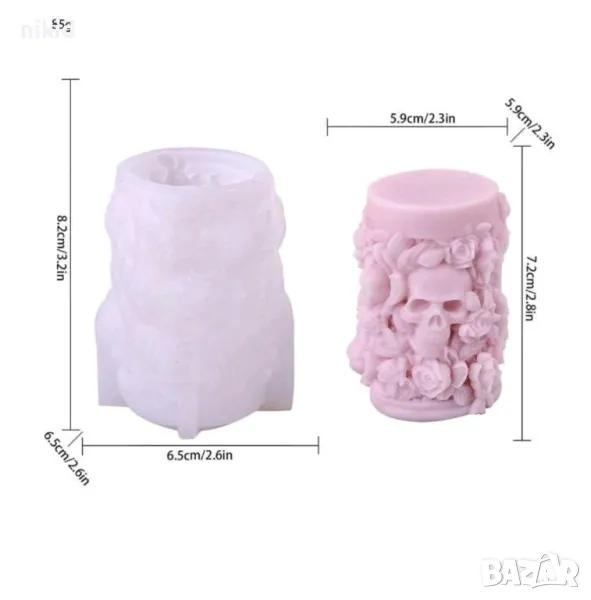 3d цилиндър череп с рози силиконов молд форма фондан шоколад свещ гипс смола декор, снимка 1