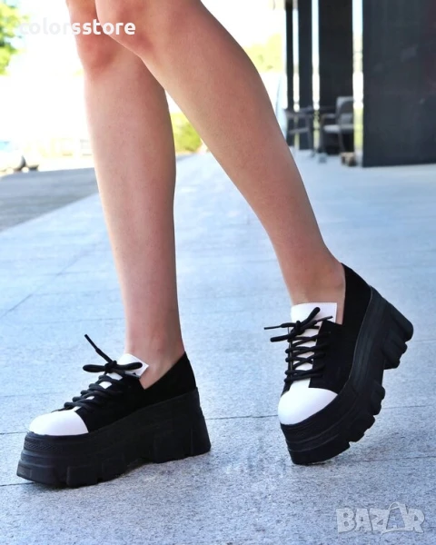 Обувки на платформа - черен велур и бяла кожа - DA60

, снимка 1