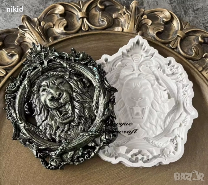 Лъвска глава в овална рамка силиконов молд форма фондан шоколад гипс декор, снимка 1