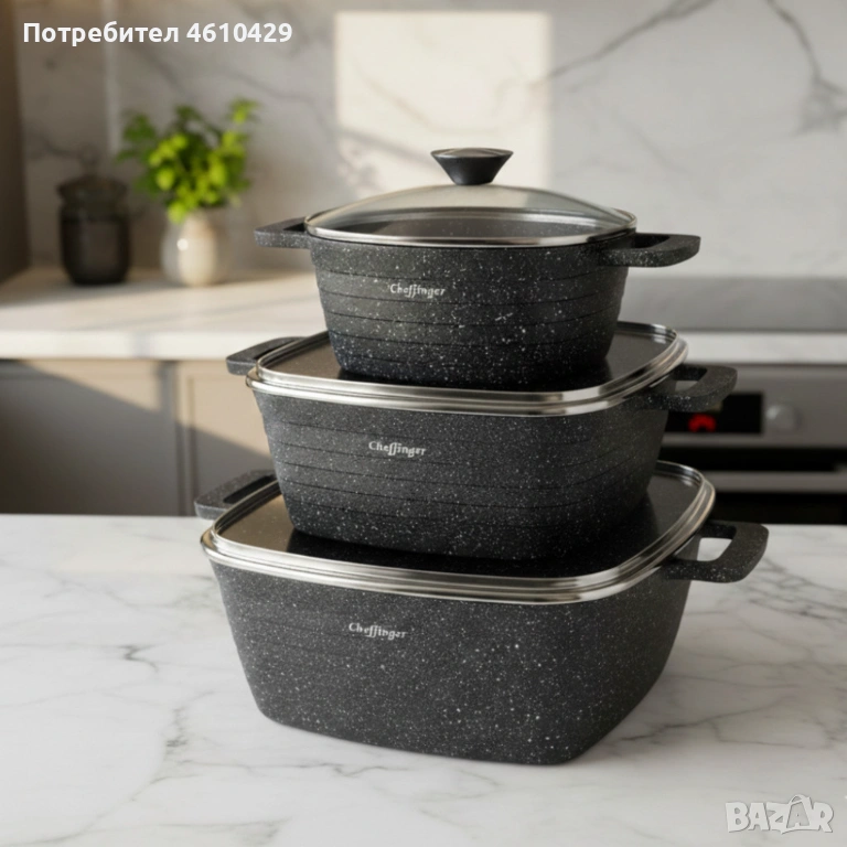 Комплект тенджери – Cheffinger от 3 части с мраморно покритие и капаци + подарък 2 ръкавици, снимка 1