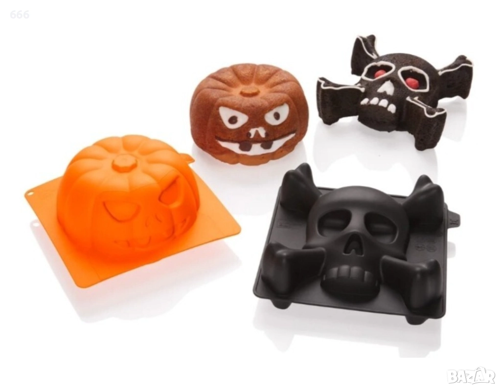 Силиконови форми Livarno, 2 бр., тиква и череп, за мъфини, забавни, снимка 1