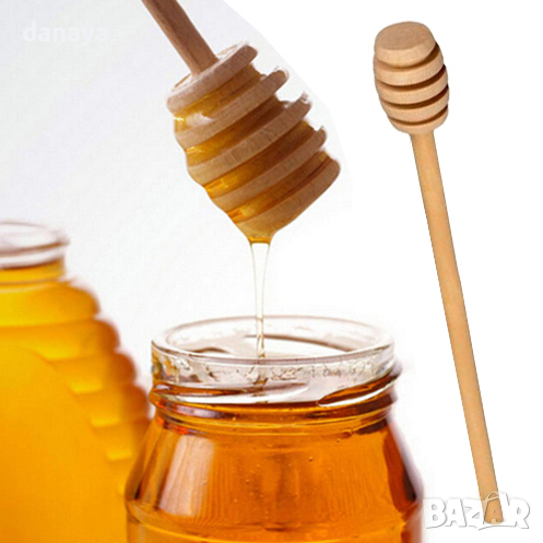 754 Дървена лъжица за мед с дълга дръжка бъркалка за мед 15см, снимка 1