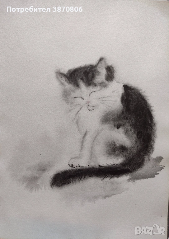 Спящо коте - акварел, снимка 1