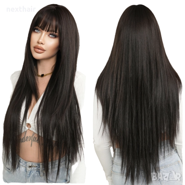 Дълга 80 см тъмно кафява права перука на пластове зигзаг път, снимка 1