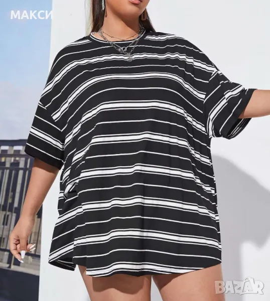 Макси еластична дълга тениска с извивки в черно-бяло райе - изключително меко и силно еластично комф, снимка 1