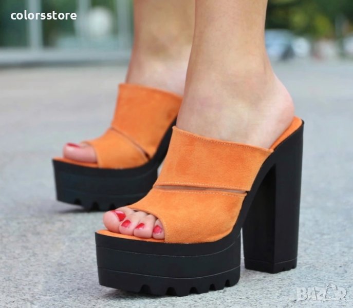 Чехли на ток - оранжев велур с черно ходило - CL100, снимка 1