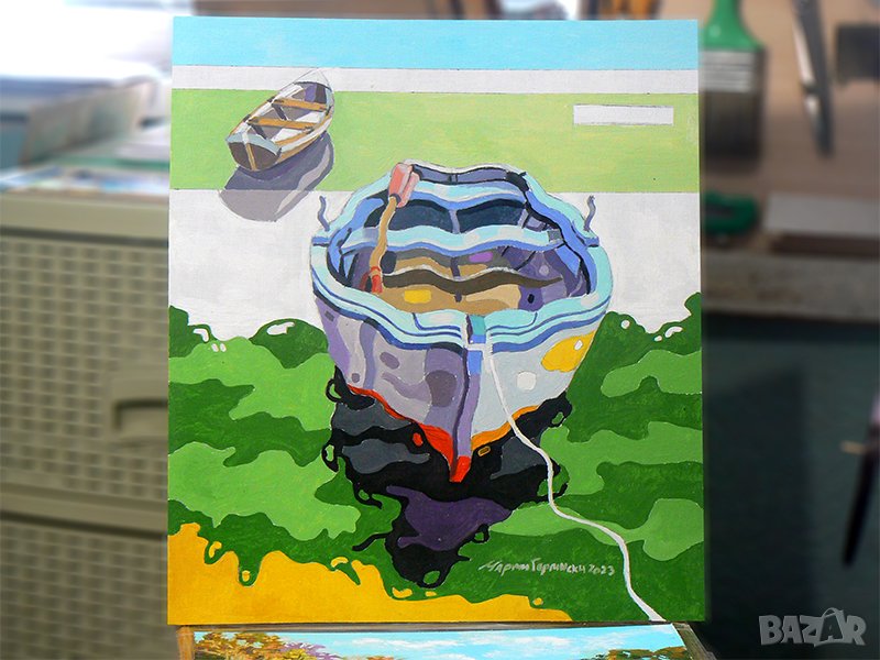 Вълниста картина с лодки . Худ. Мартин Гергински., снимка 1