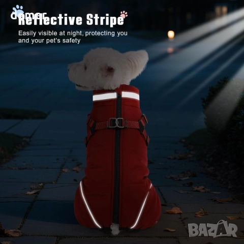 Зимно кучешко палто за кучета Poseca с колан, водоустойчиво, ветроустойчиво, М, червено, снимка 5 - За кучета - 51919849