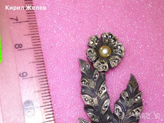СТАРИННА СРЕБЪРНА БРОШКА ОКСИДИРАНО СРЕБРО с ПЕРЛА и МАРКАЗИТИ / НУЖДАЕ се от НОВА ИГЛА ОТЗАД! 43364, снимка 6 - Антикварни и старинни предмети - 44394049