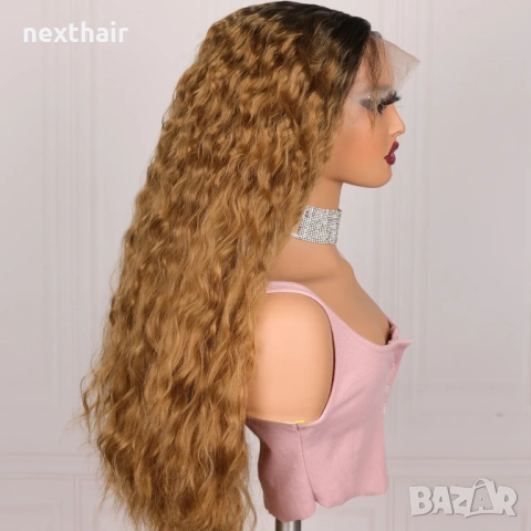 Медено руса омбре перука с черни корени лейс фронт дантела 13*4*1, снимка 4 - Аксесоари за коса - 51436121