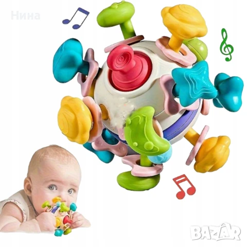 Бебешка сензорна топка/ чесалка за гризкане при никнене на зъбки с космически елементи 🛰🪐🚀🌍, снимка 3 - Дрънкалки и чесалки - 51069644