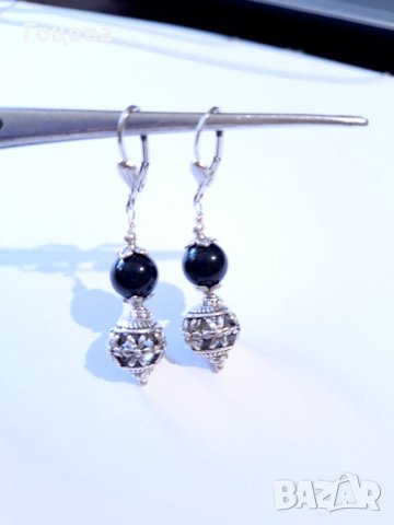 Разкошни обеци с камъни Черен диамант и фини филигранни орнаменти в цвят сребро , снимка 5 - Обеци - 41819201