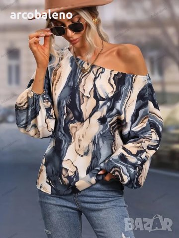 Дамска риза с щампа и свободни рамена с балонени ръкави, 7цвята, снимка 10 - Ризи - 41003643