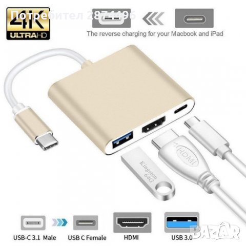 3835 Конвертор адаптер от USB Type C към HDMI, USB 3.00 и Type C, снимка 3 - Други стоки за дома - 39890857