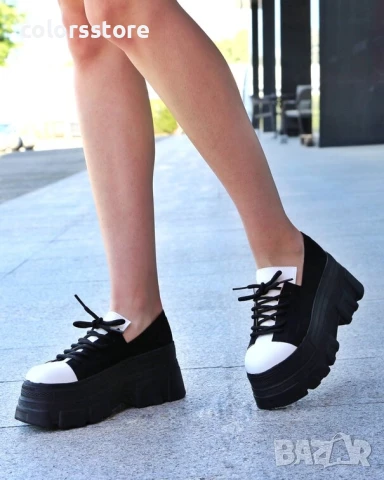 Обувки на платформа - черен велур и бяла кожа - DA60

