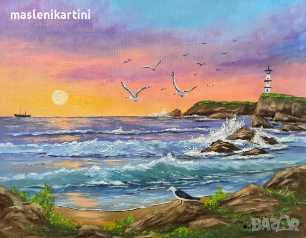 Морски залез и чайки маслена картина , снимка 2 - Картини - 51512886