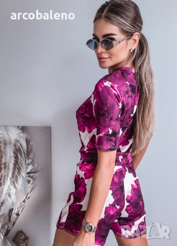 Дамски летен комплект от две части с цветен десен, блуза + пола къси панталони, 2цвята , снимка 12 - Комплекти - 50597677