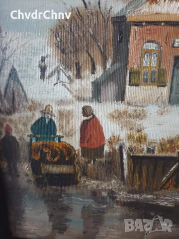 54х44см/малка картина масло върху платно/пейзаж/къщи-каменна кула-мелница/1986/дървена рамка, снимка 3 - Картини - 51215077