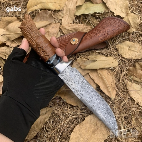 Японски ловен нож MYATO WOOLF DAMASK с кожена кания,LN429, снимка 4 - Ножове - 52662409