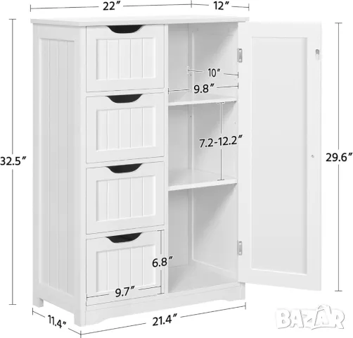 Дървен подов шкаф, Страничен с 4 чекмеджета, Свободностоящ Бял, снимка 2 - Шкафове - 49578659