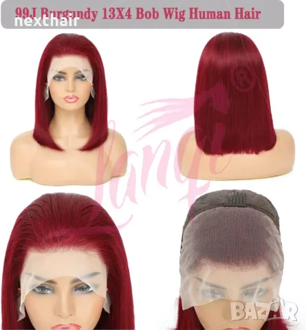 Естествена права 30 см тъмно червена перука с дантела 13x4 лейс фронт, снимка 4 - Аксесоари за коса - 47909140