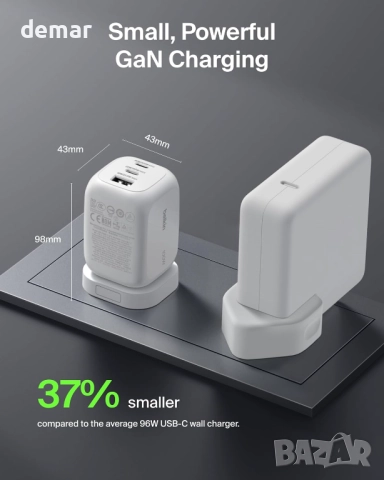 Зарядно Belkin 3-портово 100W, GaN, с 2 USB-C и 1 USB-A порта, бяло, снимка 4 - Друга електроника - 51944690