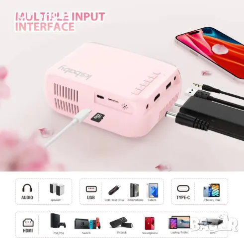 LED проектор KSBABY розов до 170", снимка 3 - Плейъри, домашно кино, прожектори - 48505061