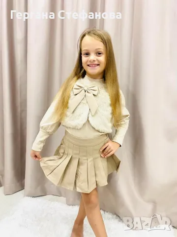 Сет 3 части Кожена пола,блуза и пухено елече с кожена панделка Размери-4г.6г.8г.10г.12г. Цена -65 лв