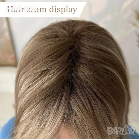 Тъмно руса перука с фини светли кичури и дълъг бретон, снимка 3 - Аксесоари за коса - 51086955