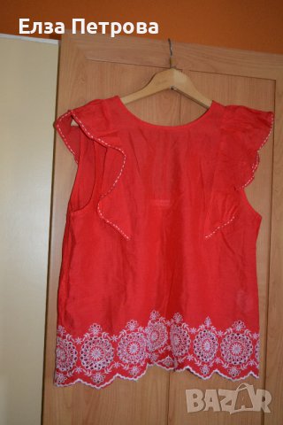 Червена памучна лятна блуза с бродерия