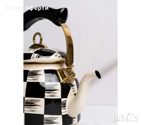 Чайник Goldmann, 2.5л., Емайл, Индукция,  Бял/Черен каре, снимка 4 - Сервизи - 48506148