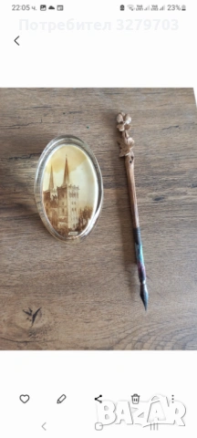 Стара писалка ,уникална изработка от фина дърворезба и антично преспапие от масивно стъкло