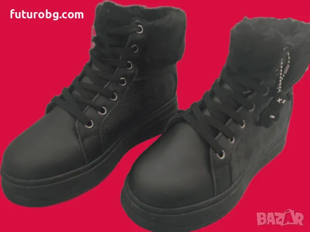 Дамски черни боти с връзки и аксесоар с подплата, снимка 4 - Дамски боти - 48481648