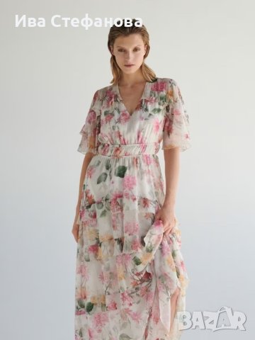 Разкошна нова  дълга елегантна феерична рокля флорален принт нежни цветя волани къдри , снимка 1 - Рокли - 42183757