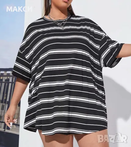 Макси еластична дълга тениска с извивки в черно-бяло райе - изключително меко и силно еластично комф