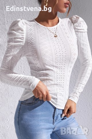 Дамска блуза в бяло с дълги бухнали ръкави, снимка 2 - Блузи с дълъг ръкав и пуловери - 44321233