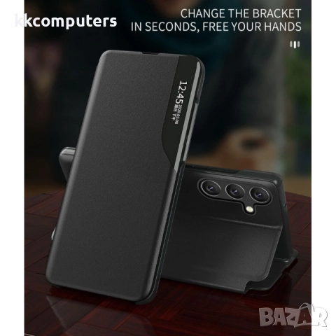 Защитен Кожен калъф със Стойка за Samsung Galaxy A17 5G / A17 4G | Протектор в Комплекта | Цвят: Чер, снимка 9 - Калъфи, кейсове - 52198639