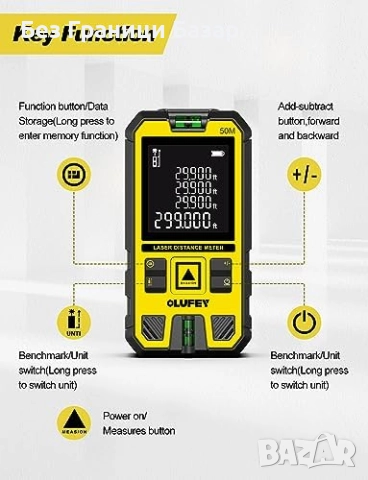 Нов Лазерен метър 50м, дигитален далекомер с подсветка и функции площ/обем, снимка 2 - Други инструменти - 52582729