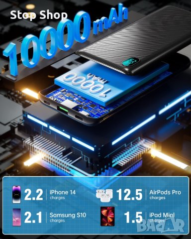 Power Bank, 10000 mAh Power Bank, малък, но здрав, ултра тънък с LED дисплей, външна батерия за моби, снимка 5 - Външни батерии - 42420467