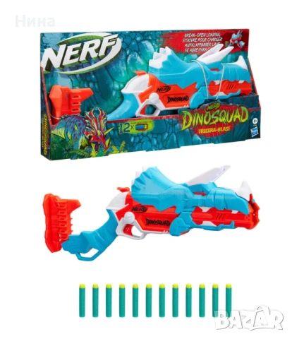 NERF DinoSquad Tricera бластер, 3-стрелковидна чупеща се цев, 12 Nerf стрелички, държач за стрели 