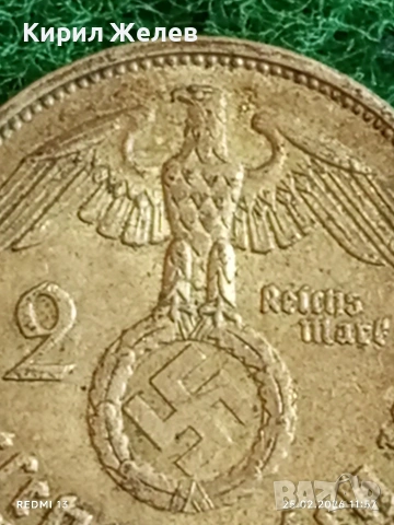 Сребърна монета 2 райхсмарки 1938г. Германия Трети Райх с Свастика за КОЛЕКЦИОНЕРИ 53073, снимка 3 - Нумизматика и бонистика - 53616251