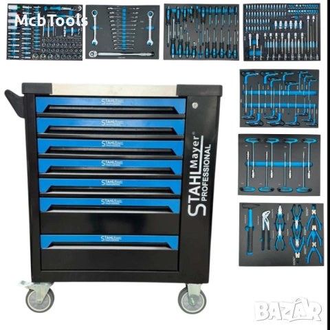 Професионален шкаф с инструменти Stahlmayer – 7 чекмеджета, неръждаем плот, 251 части