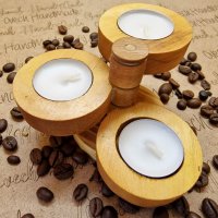 Атрактивен ръчно изработен свещник от дървесина, за три броя чаени свещи, снимка 1 - Декорация за дома - 39197547