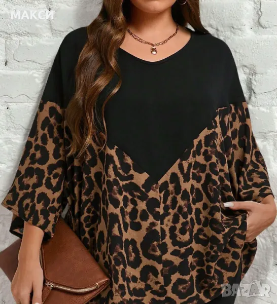 Макси модерна ефирна туника с широки ръкави в черно с леопардови мотиви, снимка 1