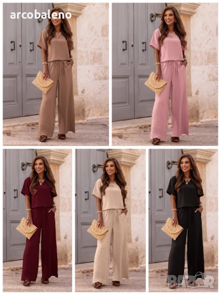 Дамски комплект от блуза с къс ръкав и широк панталон Annastasia, 5цвята  , снимка 1