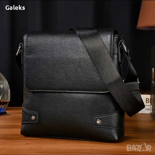 Мъжка луксозна правоъгълна кожена чанта за през рамо /Черна естествена кожа!, снимка 1