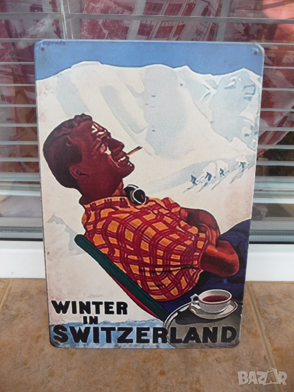 Метална табела разни Зима в Швейцария ски почивка ваканция сняг курорти зимни сноуборд пързаляне, снимка 1